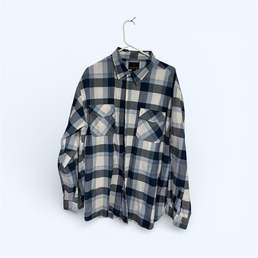 Swiss Cross Plaid Button-Down Shirt Gray Blue White 3XL